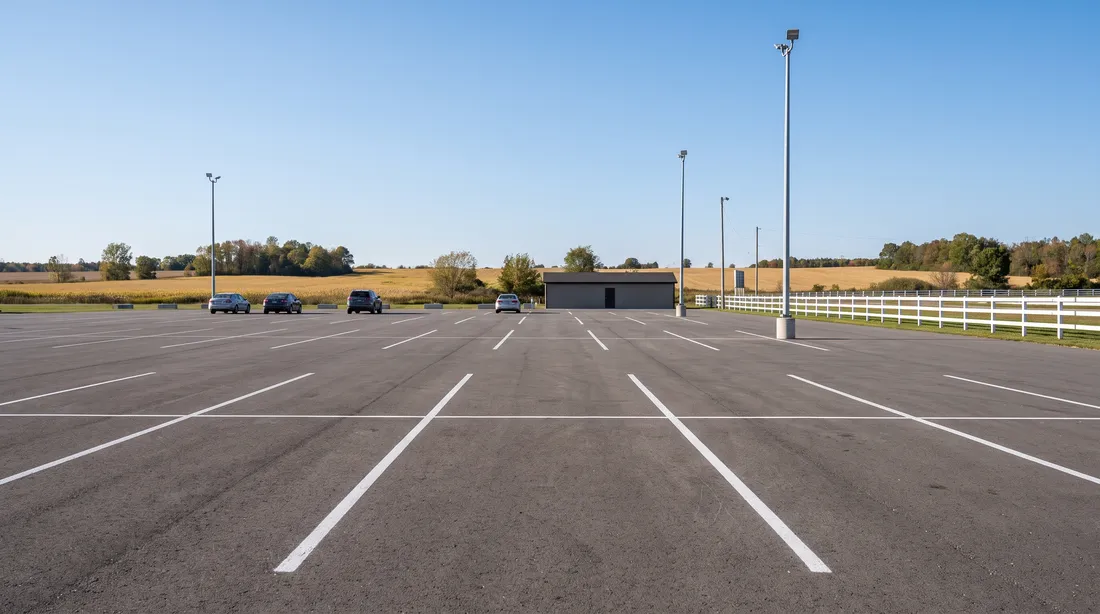 A wide paved parking lot with fresh white lines beside a rural racetrack property, a white rail fence and autumn fields beyond.
